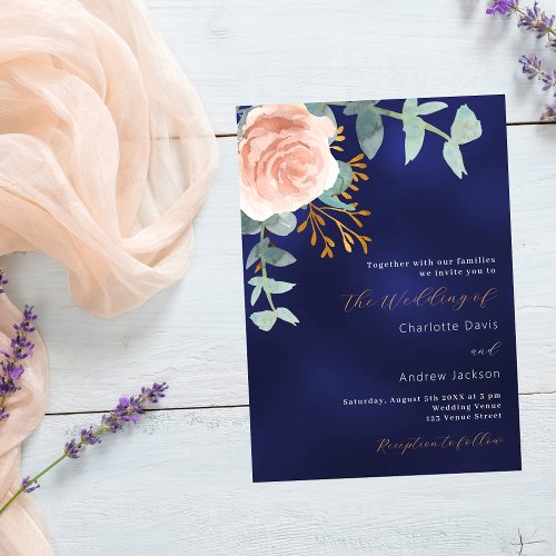 Rose gold greenery navy blue wedding invitation