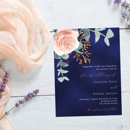Rose gold greenery navy blue wedding invitation postcard