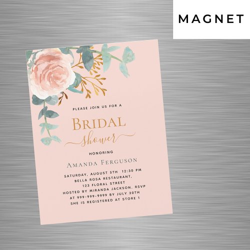 Rose gold greenery peach luxury Bridal Shower Magnetic Invitation