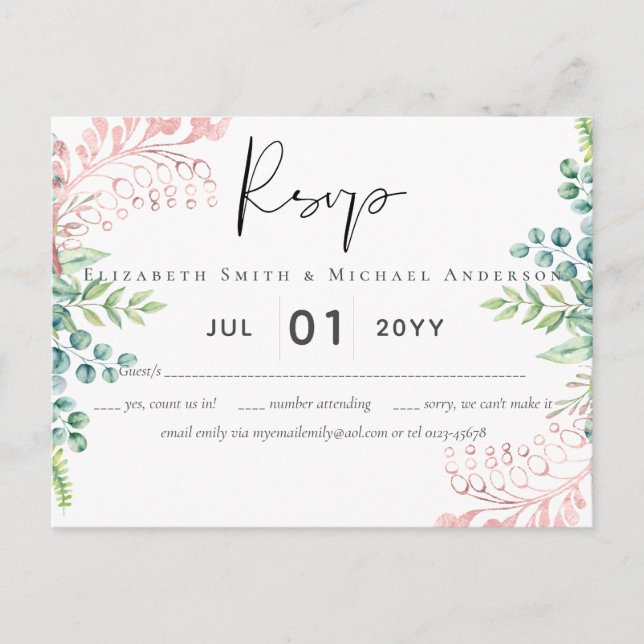 Rose Gold Greenery Wedding RSVP MENU (Front)