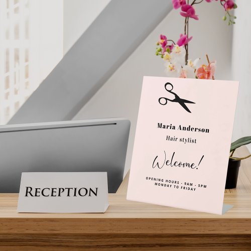 Rose gold hair stylist opening hours welcome pedestal sign