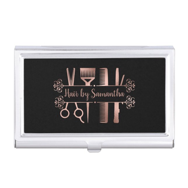 Rose Gold Hair Stylist Personalized Business Card Case (Front)