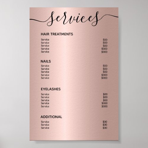 Rose Gold Hair Stylist Price List Service Menu Poster