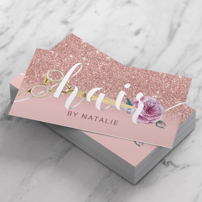 Rose Gold Hair Stylist Scissor & Flower Typography Business Card (Creator Uploaded)