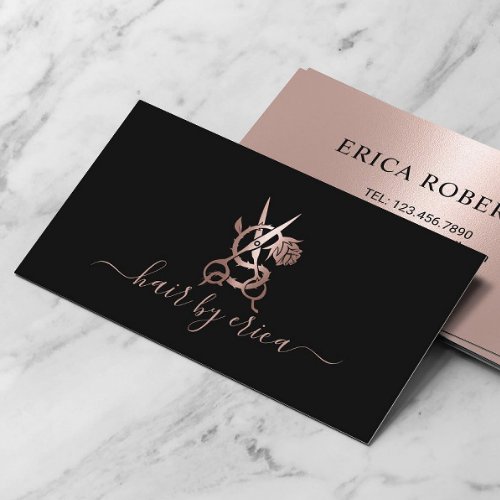 Rose Gold Hair Stylist Scissor  Rose Logo Salon Business Card