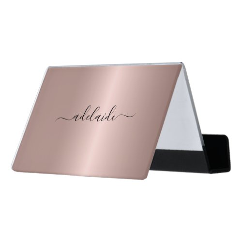 Rose Gold Hair Stylist Signature Monogram Elegant  Desk Business Card Holder