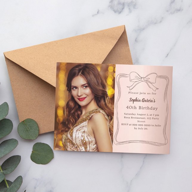 Rose gold hand-drawn bow photo birthday invitation postcard (Creator Uploaded)