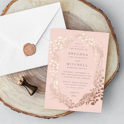 Rose Gold Hand_drawn Fern Eucalyptus Wedding Foil Invitation