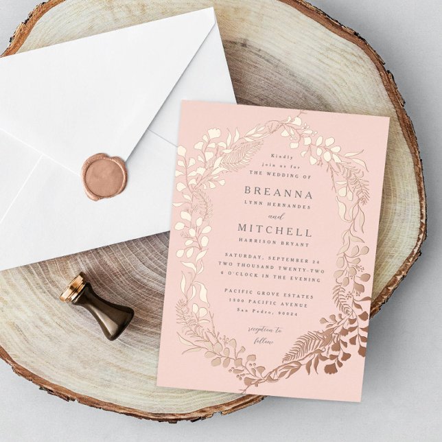 Rose Gold Hand-drawn Fern Eucalyptus Wedding Foil Invitation (Creator Uploaded)