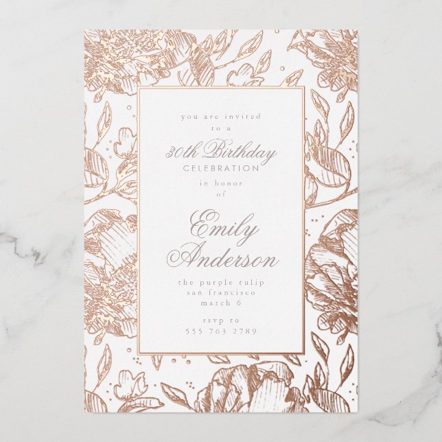 Rose Gold Hand Drawn Floral Birthday Foil Invitati Invitation (Front)