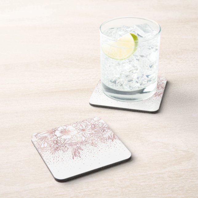 Rose gold hand drawn floral doodles and confetti beverage coaster (Right Side)