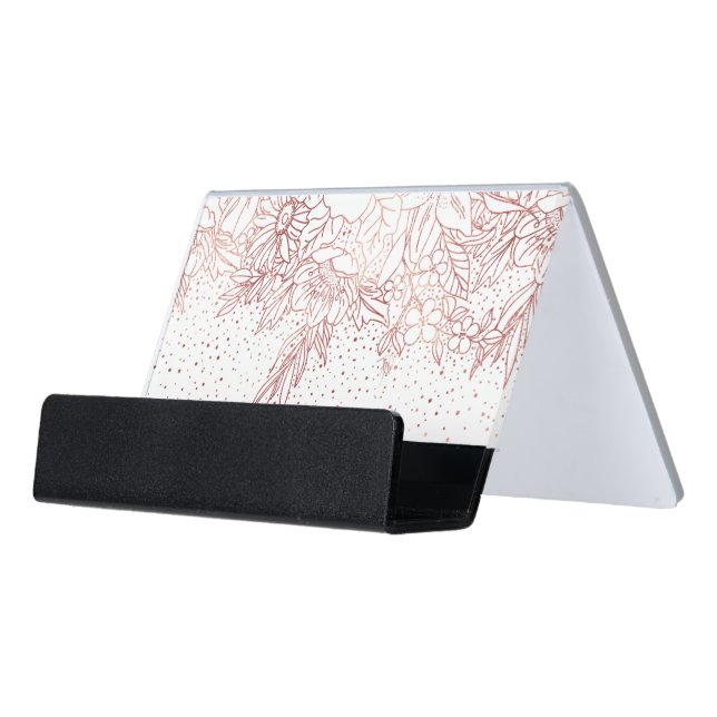 Rose gold hand drawn floral doodles and confetti desk business card holder (Angled Front)