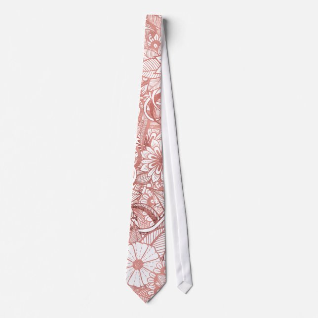 Rose Gold Hand Drawn Floral Illustration Pattern Neck Tie (Front)