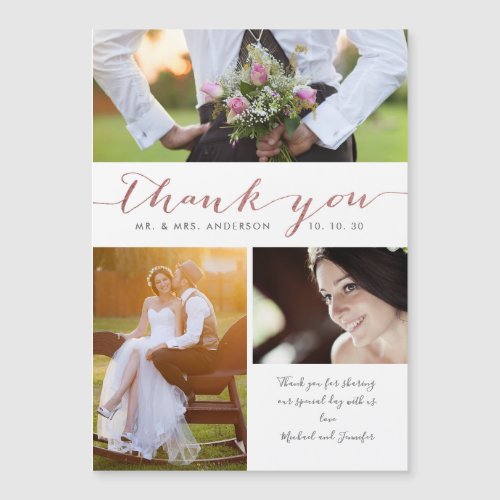 Rose Gold Hand Lettered 3 Photo Wedding Thank You