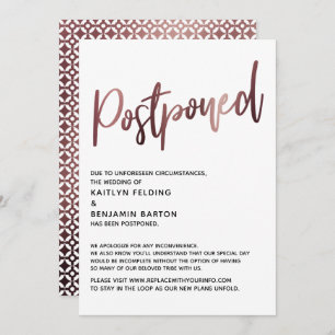 Rose Gold Handwriting Postponed Wedding Card