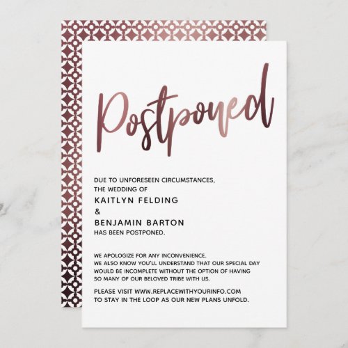 Rose Gold Handwriting Postponed Wedding Card