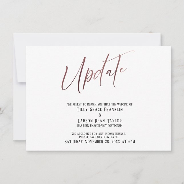 Rose Gold Handwriting Postponed Wedding Update Invitation (Front)