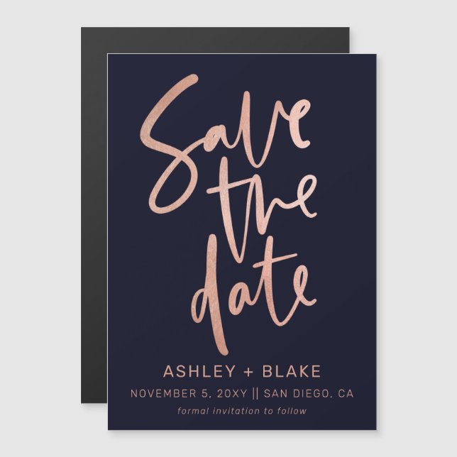 Rose Gold Handwritten Calligraphy Save the Date Magnetic Invitation (Front/Back)