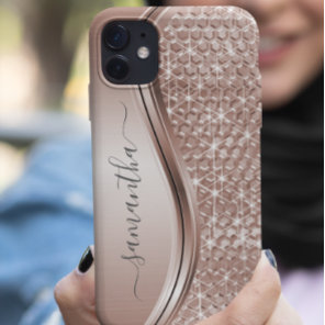 Rose Gold Handwritten Name Glitter Sparkle Bling Case-Mate iPhone 14 Case
