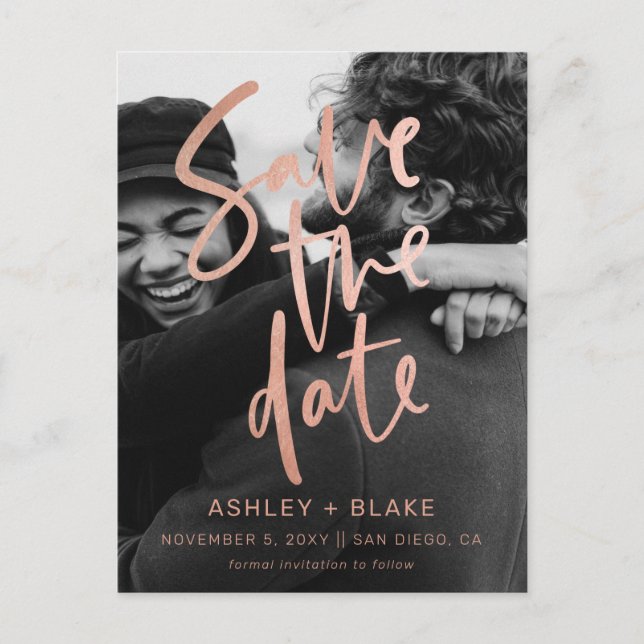 Rose Gold Handwritten Photo Save the Date Announcement Postcard (Front)