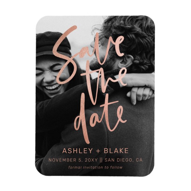 Rose Gold Handwritten Photo Save the Date Magnet (Vertical)