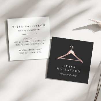 Rose Gold Hanger | Seamstress Tailor Alterations Square Business Card by RedwoodAndVine at Zazzle