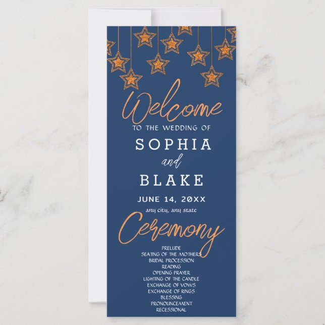 Rose Gold Hanging Stars Dark Blue Wedding Program (Front)