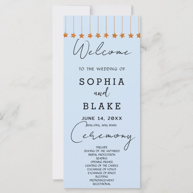 Rose Gold Hanging Stars Light Blue Wedding Program (Front)