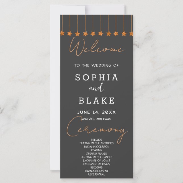 Rose Gold Hanging Stars Smoke Gray Wedding Program (Front)