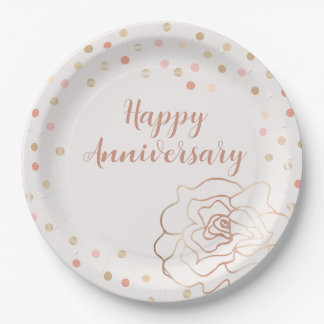 Rose Gold Happy Anniversary with Polka Dots Paper Plates