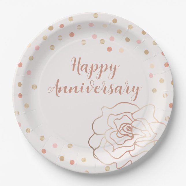 Rose Gold Happy Anniversary with Polka Dots Paper Plates (Front)