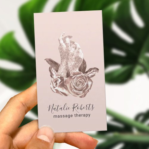 Rose Gold Healing Hands  Flowers Massage Therapy Business Card
