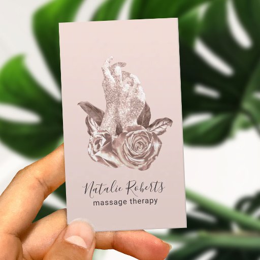 Customizable Rose Gold Healing Hands &amp; Flowers Massage Therapy Business Card