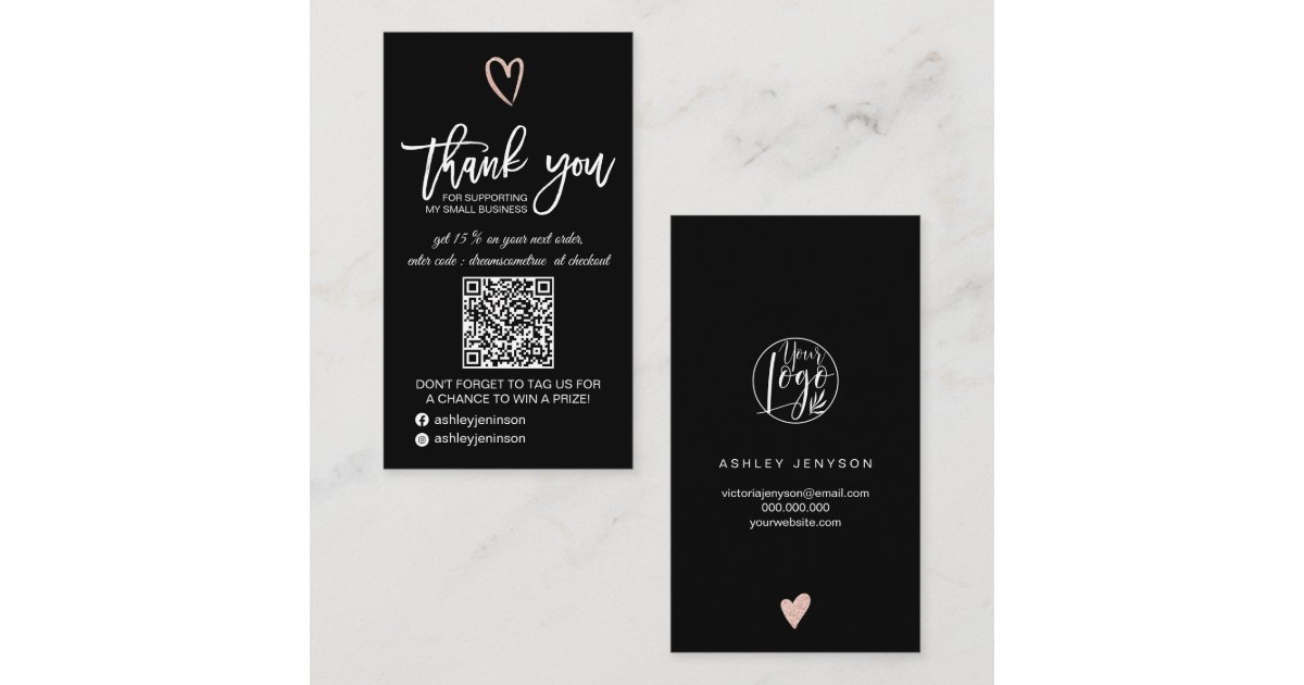 Rose gold heart black logo qr code order thank you business card | Zazzle
