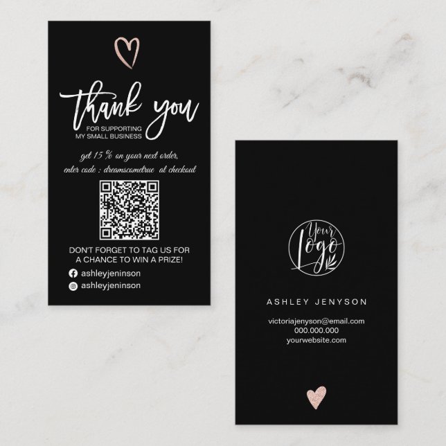Rose gold heart black logo qr code order thank you business card (Front/Back)