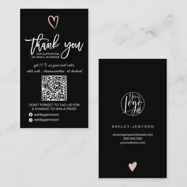 Rose gold heart black logo qr code order thank you business card | Zazzle