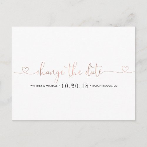Rose Gold Heart Change the Date Announcement Postcard