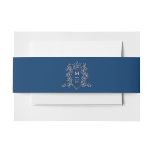 Rose gold heart crown monogram dark blue wedding invitation belly band