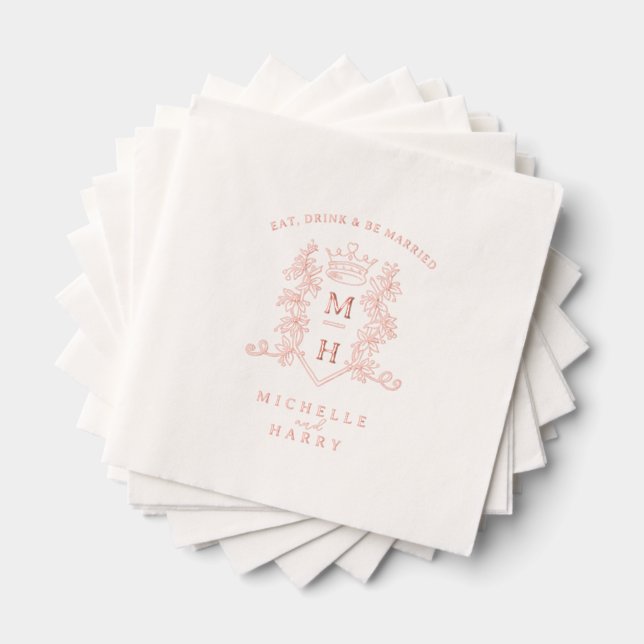 Rose gold heart crown wedding monogram custom foil napkins (Insitu (Stacked))