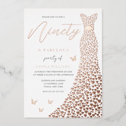 Rose Gold Heart Gown 90th Birthday Party Real Foil Invitation