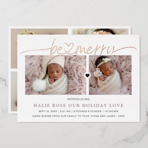 Rose Gold Heart Linked Be Merry Photos  Foil Holiday Card