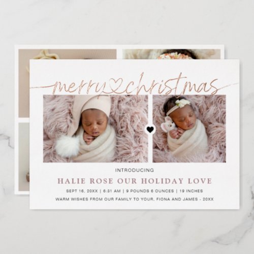 Rose Gold Heart Linked Merry Christmas Photos Foil Holiday Card