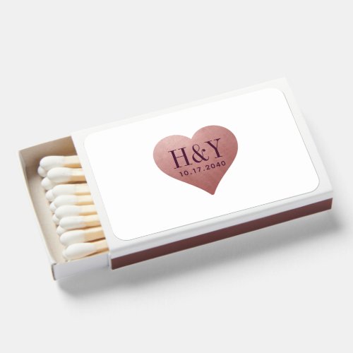 Rose Gold Heart Monogram Wedding Favor Matchboxes