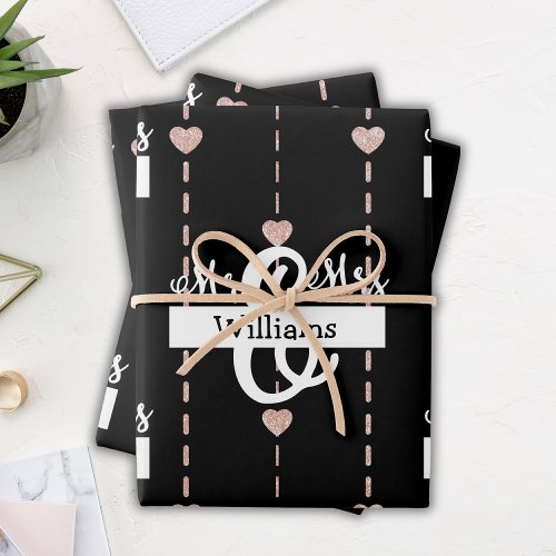 Rose Gold Heart Pattern Mr  Mrs Name Wedding Wrapping Paper Sheets