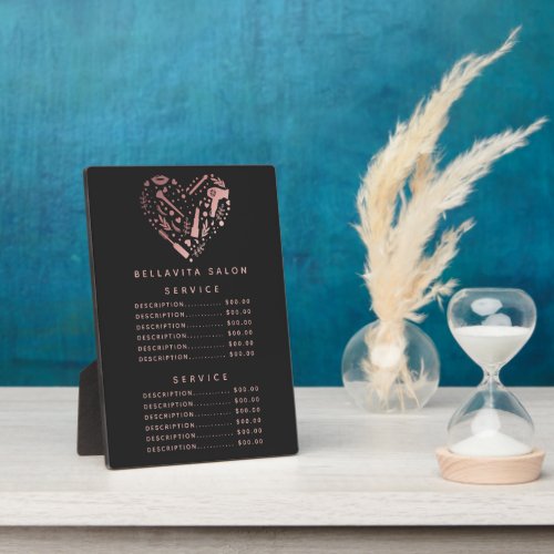 Custom Price Menus 7 Rose Gold Heart Salon Price Menu Plaque