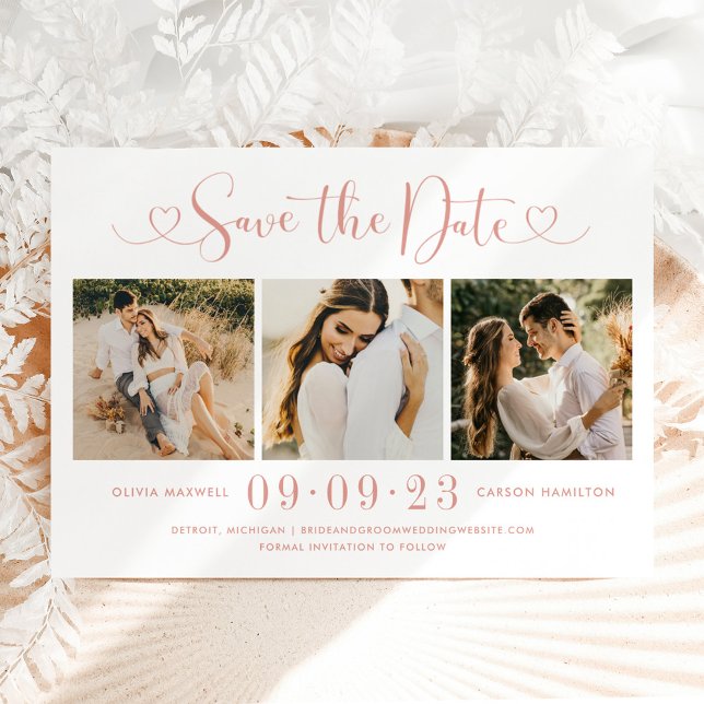 Rose Gold Heart Script 3 Photo Wedding Collage Save The Date (Creator Uploaded)