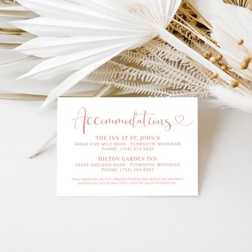 Rose Gold Heart Script Wedding Accommodations Enclosure Card