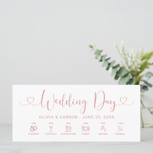 Rose Gold Heart Script Wedding Day Timeline Card