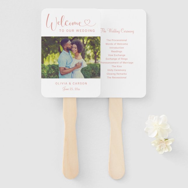 Rose Gold Heart Script Wedding Photo Ceremony Hand Fan (Front and Back)