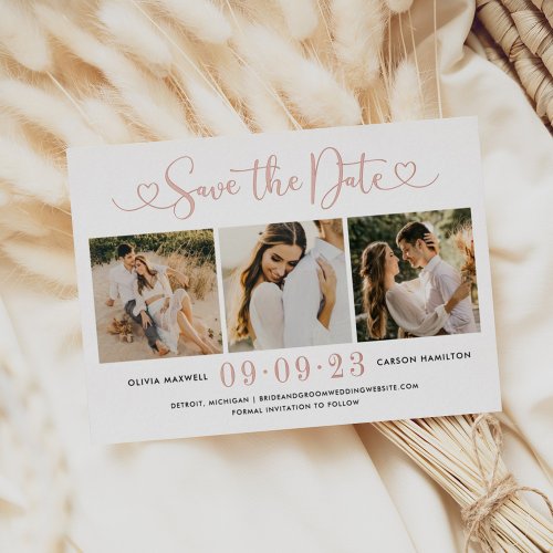 Rose Gold Heart Script Wedding Photo Save the Date Foil Invitation